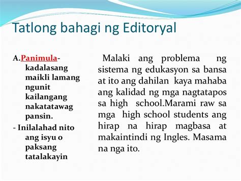 halimbawa ng editorial|Editoryal Mga Bahagi ng Editoryal .